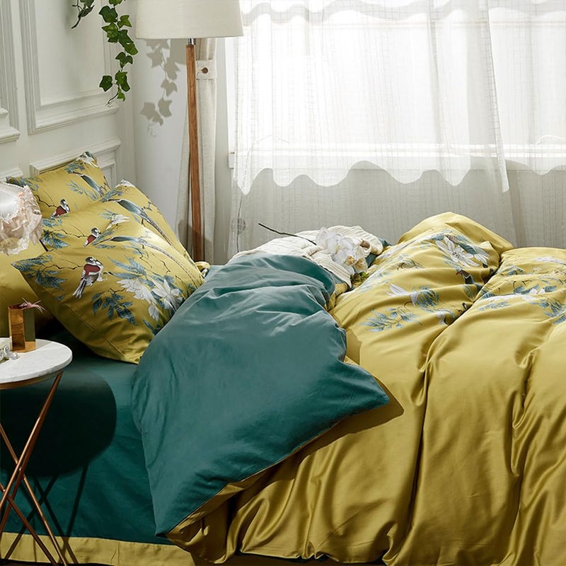 mixinni Floral Duvet Cover Set Full Soft Cotton White Flowers Birds Bedding with Zipper Closure 2 Pillowcases Leaf Printed Yellow Comforter Cover Set-Easy Care  Soft and Durable-Full Size - Image 3